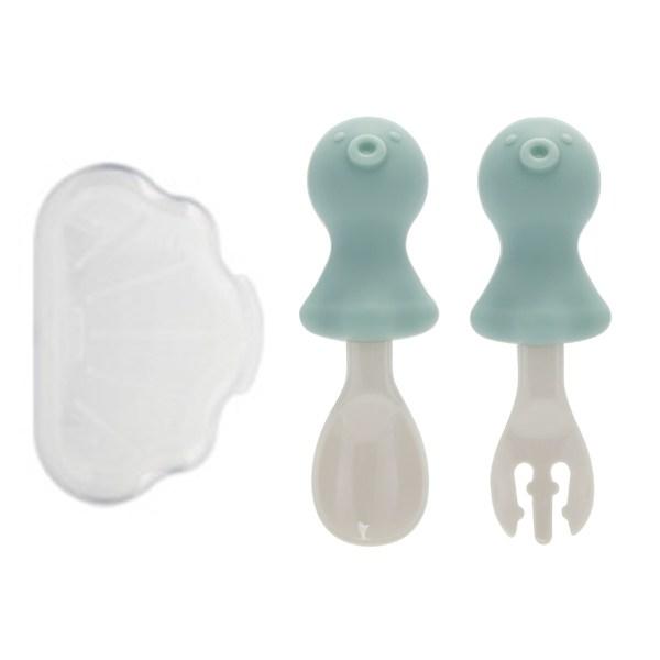 Edison Baby Octopus Self-Direction Silicone Spoon + Fork + Case Set, Mint