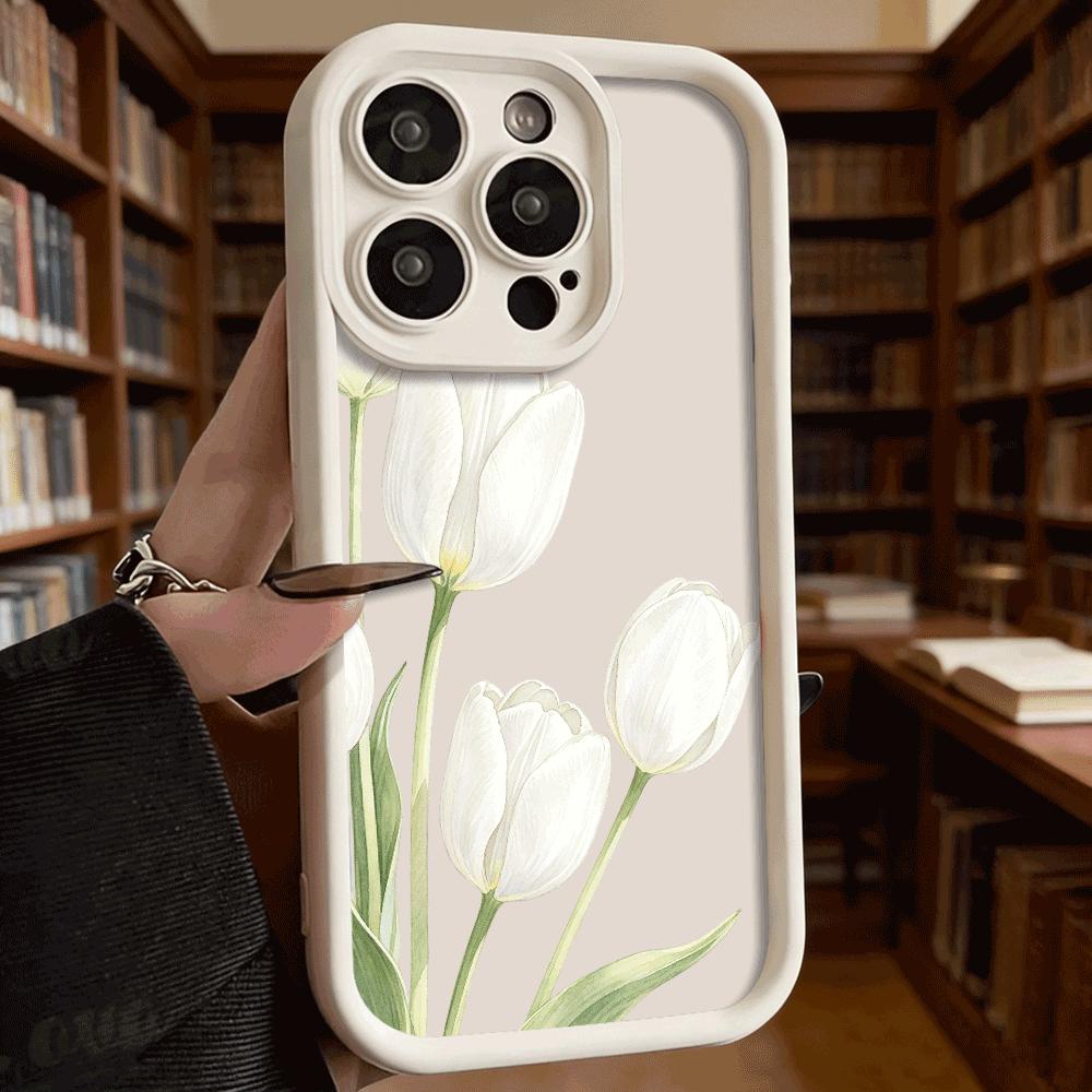 White Tulips Watercolor Phone Case for iPhone 17 16 15 14 13 12 11 Pro Max Plus Anti Scratch, Gel Flexible Protective