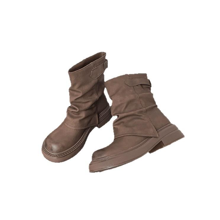 Leather Retro Pile Short Boots Women's 2025 Autumn New Thick-soled Martin Boots Summer Brown Boots Maillard Trouser Boots