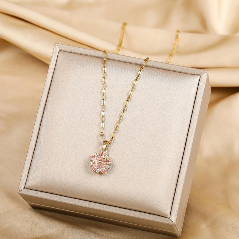 New Cute Romantic Pink Sakura Pendant Stainless Steel Necklaces For Women Korean Fashion Female Sexy Clavicle Chain Jewelry Gift