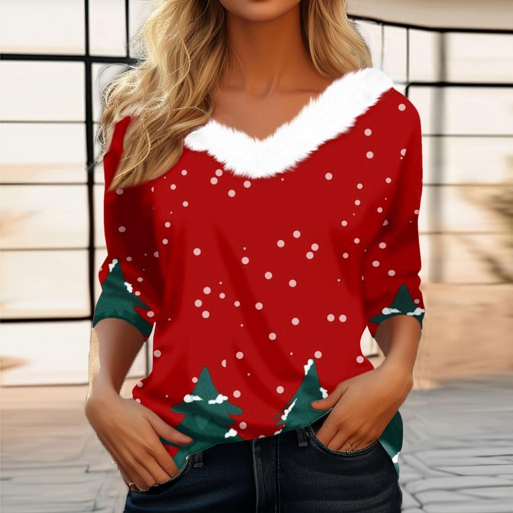 Женская мода с длинным рукавом и рождественским принтом, праздничный воротник, V-образный вырез
