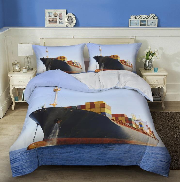 3D Ship Duvet Cover Set King Queen Size Large Freighter Container Print Bedding Set Blue Sea 2/3pcs Polyester Comforter Cover