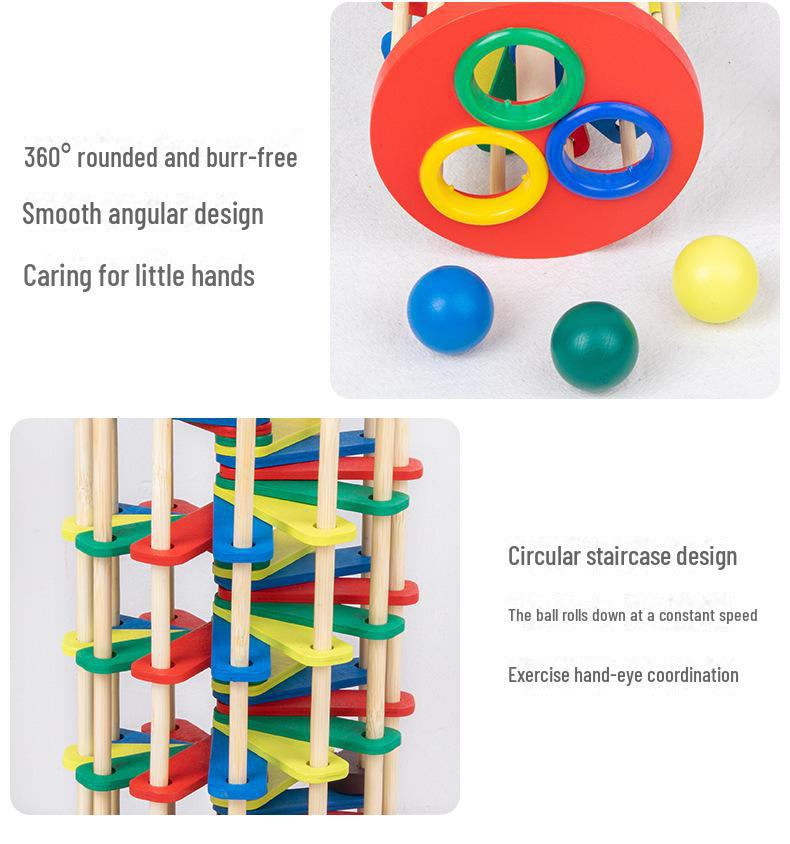 Красочная деревянная игрушка-лестница с мячом для игры в мяч для развития координации и зрительно-моторной координации у детей раннего возраста.