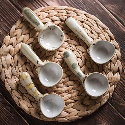 Японская креативная керамическая ложка ручной работы, корейская мультяшная ложка с короткой ручкой для животных, глиняная посуда, десерт, мороженое, маленькая ложка для супа