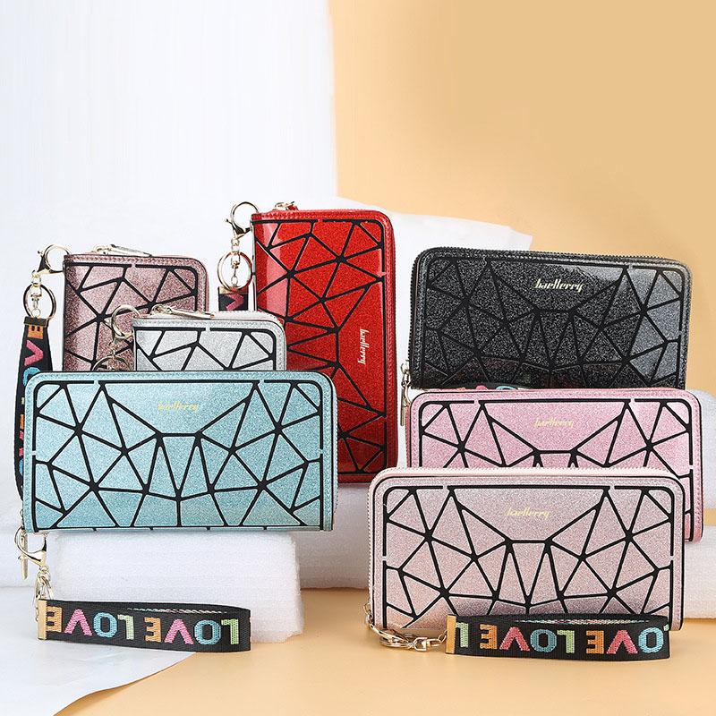 Women's Fashion Shiny Long Wallet with Lanyard Pu Leather Clutch Bag Zipper Cell Phone Bag Ladies Multi-card Coin Purse