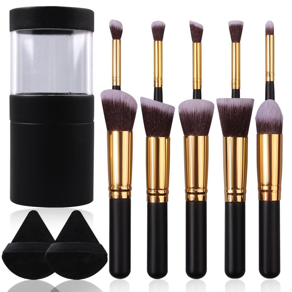 13PCS Black PU Storage Bucket Set of 10 Soft-bristled Makeup Brushes, Portable Dry and Wet Dual-purpose Sponge Powder Puff Set