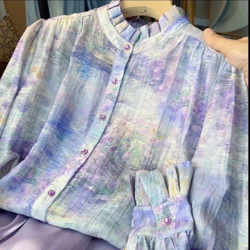 Рубашка женская с длинным рукавом и воротником-стойкой, окрашенная в технике смазывания, новый осенний дизайн, облегающий топ