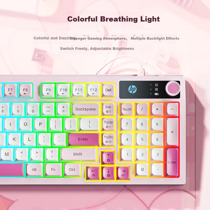 HP K500F Mechanical Feel Wired Keyboard, Quiet Multifunctional Knob for Office, Pink, 98-Key Layout
