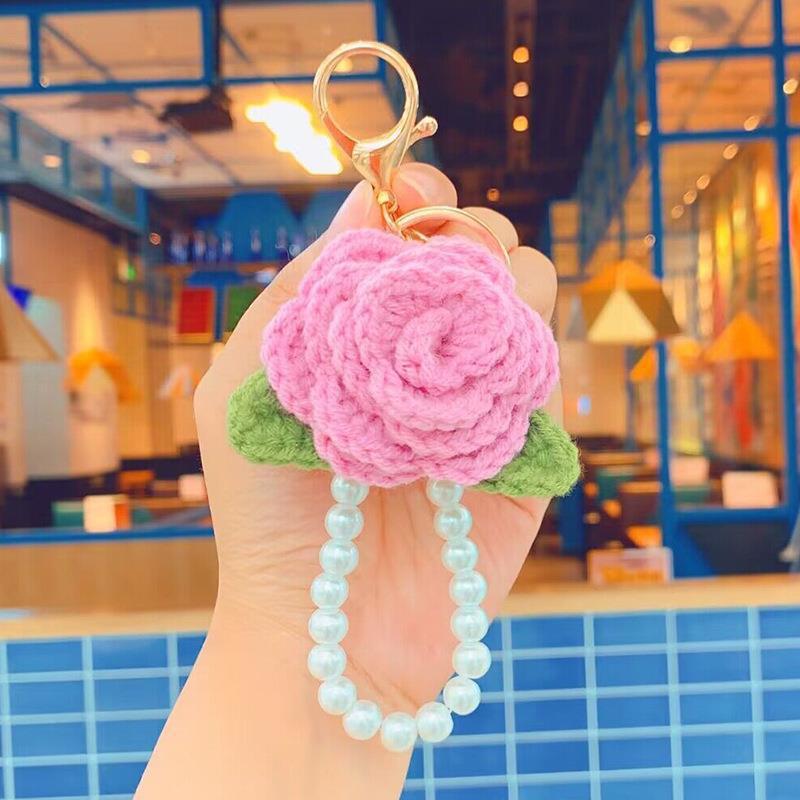 Crocheted Rose Pendants Chains Wrist Strap Lanyard Anti-lost For Mobile Phone Bags Keys Decorative Gift Accessories