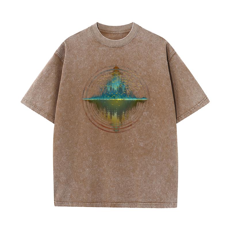 Geometric Sunset Forest Atmosphere ONeck Washed T Shirt NEW YEAR DAY Summer Tees Cute Cotton Fabric Washed Tee Shirts Unisexs