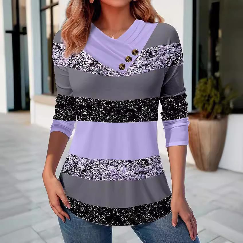 Модные женские повседневные топы с лоскутным узором, косой вырез, длинный рукав, полосатая футболка, длинный рукав, удобная и универсальная футболка для женщин