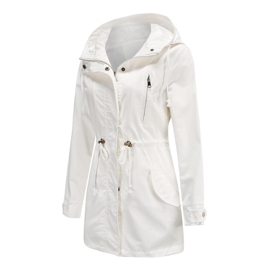 Женский плащ, хлопок, однотонный, с капюшоном, на молнии, ветрозащитная длинная куртка, на шнурке, уличная ветровка для пешего туризма, весна-осень-зима, верхняя одежда