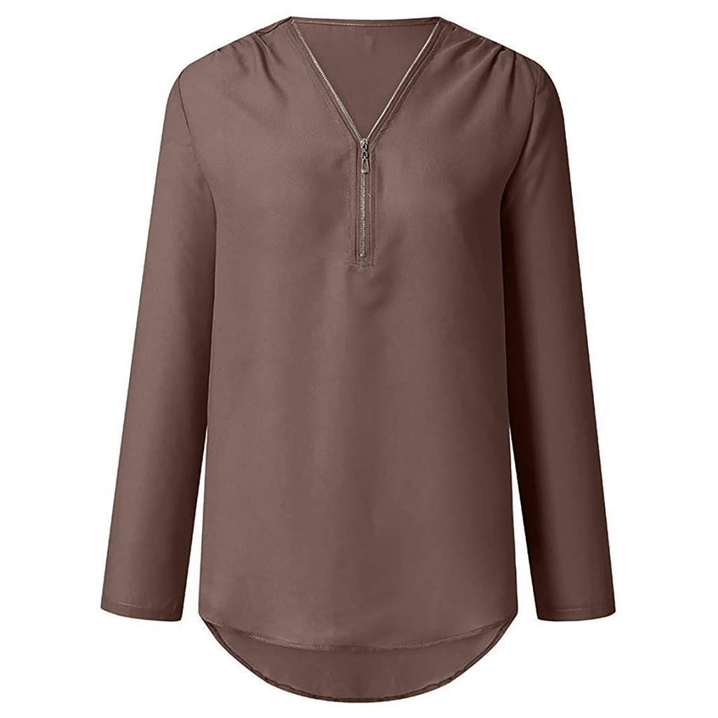 Women's Fashion Commuting Zipper V-Neck Rollable Sleeve Casual Solid Tops Blouse Loose T-Shirt