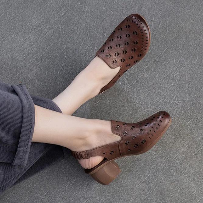 Johnature Round Toe Hollow-out Breathable Thick Heel Sandals Retro Versatile Commuting Women's Shoes