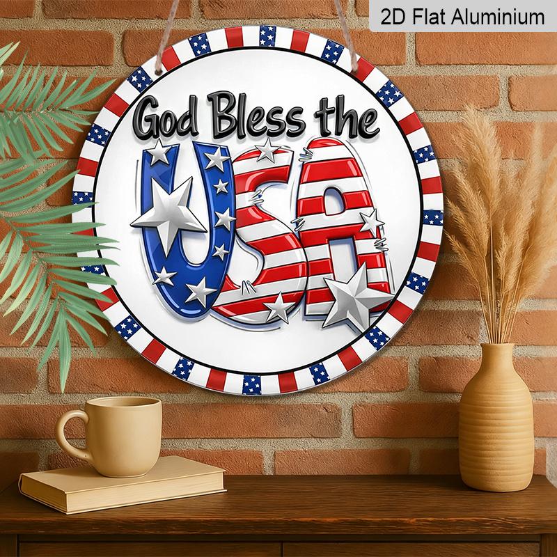 2D Flat, A Round Sign Featuring a Vintage Plaque with The Phrase 'God Bless The USA', Perfect for Patriotic Decor in Living Rooms, Bedrooms