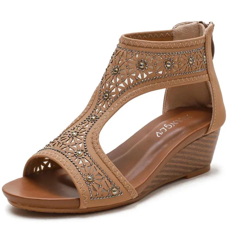 Женские римские сандалии в стиле ретро, ​​новый стиль, удобные модные сандалии на танкетке с круглым носком и открытым носком, большие