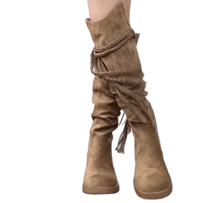 Версия из коровьей кожи~ ретро пустошь бахрома рыцарские сапоги толстый каблук, но ботфорты до колена тонкий ворс полусапожки женские
