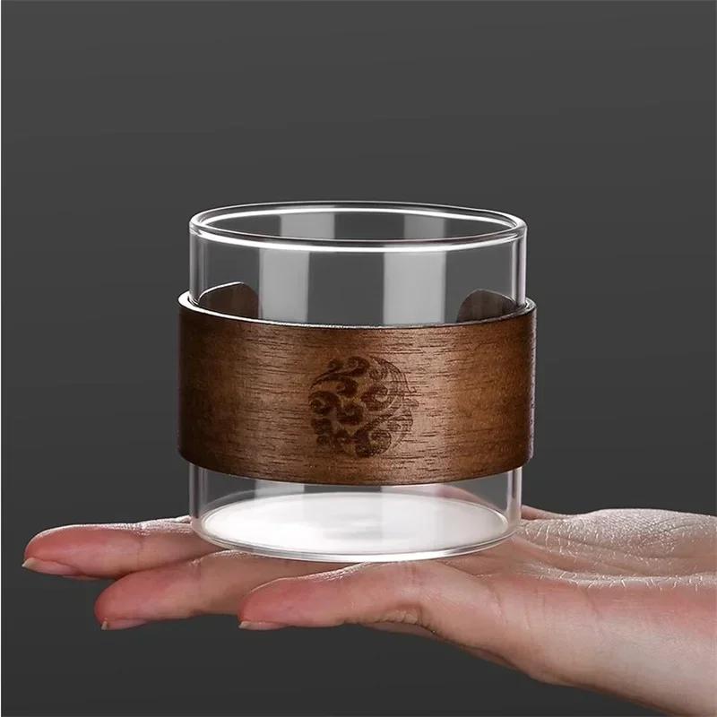 Japanese Style 150ML Heat-resistant Glass Tea Cup with Scald Proof Wooden Holder Kungfu Tea Set Master Cup Household Coffee Mug