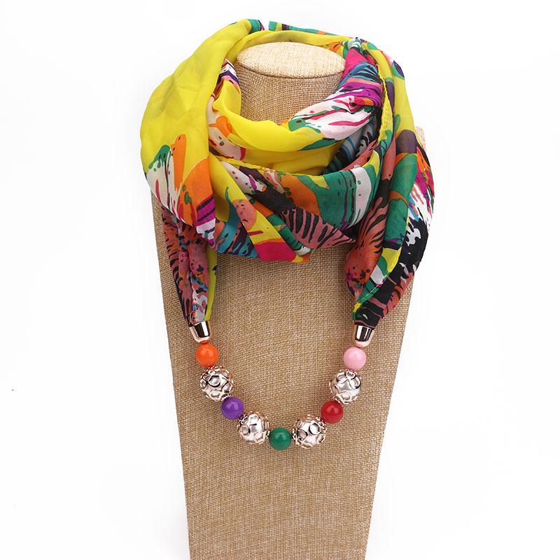 Floral Print Scarf Necklace with Beaded Chain – Elegant Women’s Fashion Jewelry & Versatile Infinity Scarf