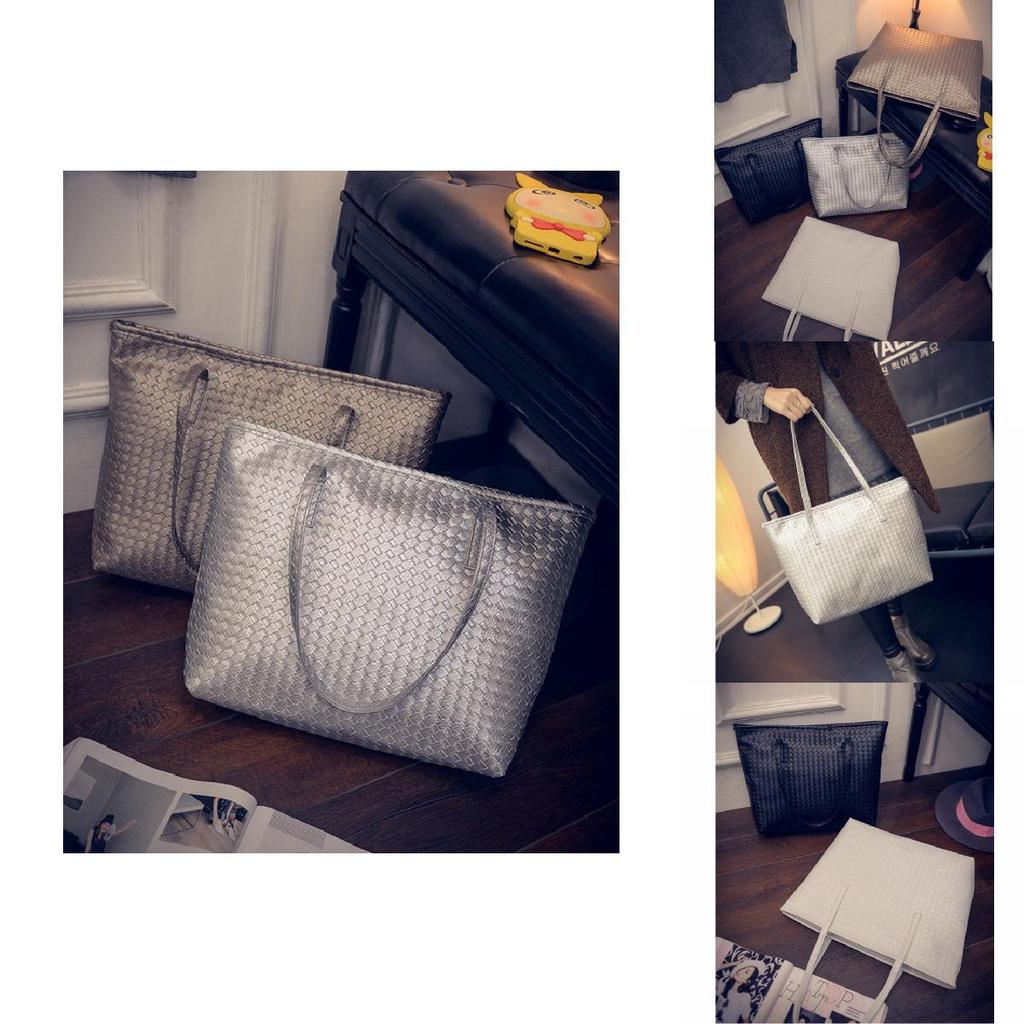 Stylish Large Capacity Pu Tote Bag For Women Retro Casual Woven Shoulder Handbag