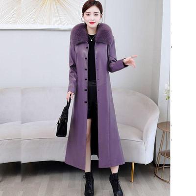 Осенне-зимнее теплое утолщенное лисье меховое женское длинное кожаное пальто-ветровка красного, черного цвета, тонкое модное пальто