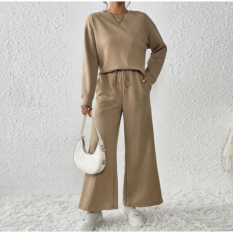 Autumn Women's Pure Color Wide Leg Pants Set Long Sleeved Round Neck Pullover Drawstring Pants Female Suit