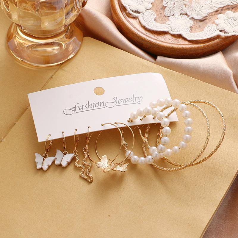 5 пар больших серебряных круглых сережек-колец с жемчугом для девочек, серьги-подвески в виде змеи и бабочки, комплект женских ювелирных изделий