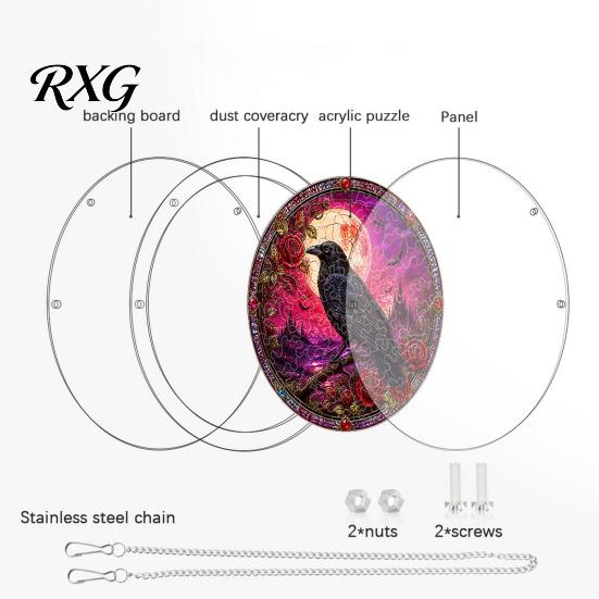 Retro Fairy Tale Hanging Sign Halloween Puzzle Ornament, Stained Glass Style Window Hangings, Acrylic Wall Moonlit Forest Pendant with Metal Chain for