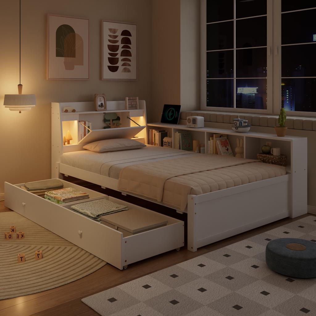 Single bed, headboard with storage compartment + 2 lights, with charging socket, storage cabinets and drawers, pine+chipboard+MDF, white, 90x200cm
