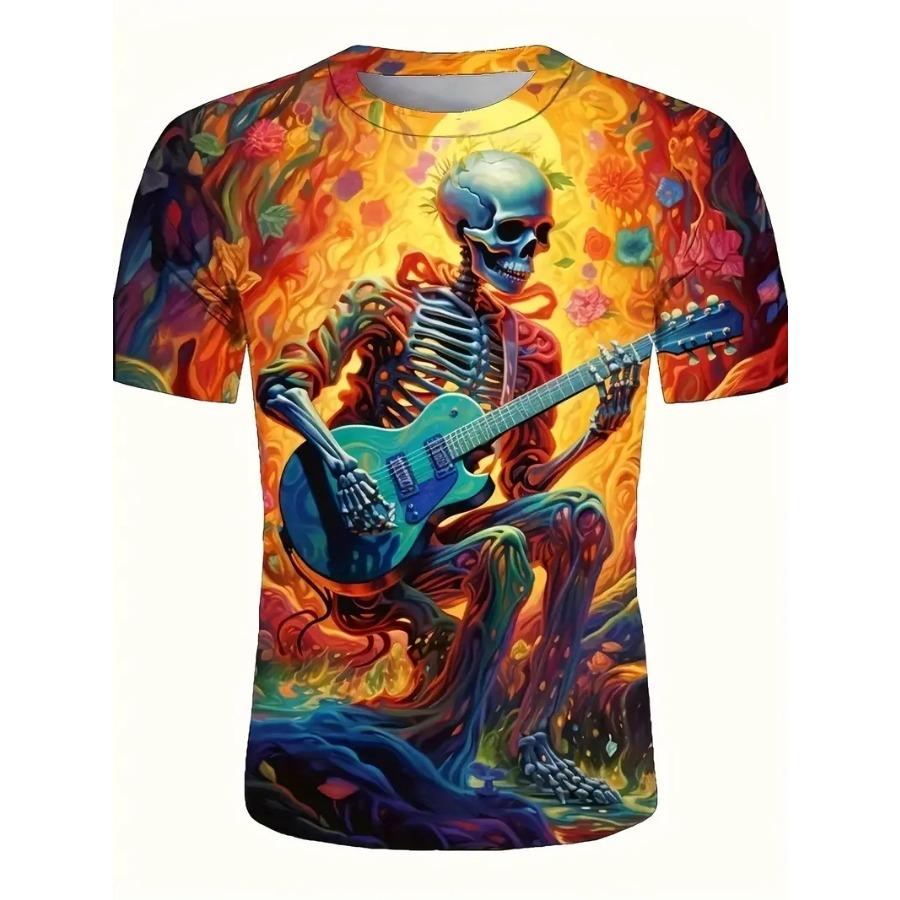 Men's Skeleton & Guitar Pattern Crew Neck T-shirt Dragon 3d Print Casual Comfy Tees Tshirts for Summer Men's Clothing