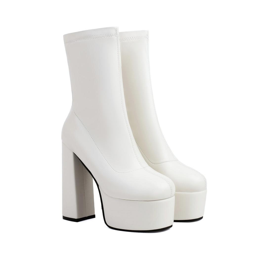 Sung Fit Ankle Boots Women's Platform Stretch Boots Soft PU Comfy Chunky High Heels Shoes Slip On Gold Silver Balck White Brown