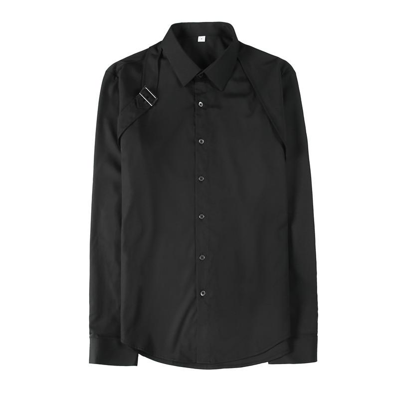 Men's Spring and Fall Casual Business Shirt Back Strap Design Long Sleeve Stand-up Collar Shirt