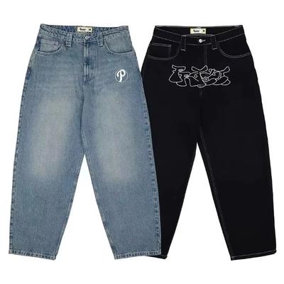 GLYDE Streetwear Y2K Хип-хоп Ретро Синие Свободные Джинсы Харадзюку Джинсы Мужские Брюки С Высокой Талией Свободные Брюки С Вышивкой Буквами