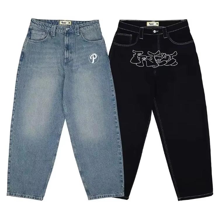 GLYDE Streetwear Y2K Хип-хоп Ретро Синие Свободные Джинсы Харадзюку Джинсы Мужские Брюки С Высокой Талией Свободные Брюки С Вышивкой Буквами