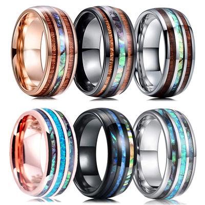 8 мм мужские кольца из нержавеющей стали цвета розового золота, гавайское дерево коа и ракушка из морского ушка, инкрустация опалом, кольцо, мужское обручальное кольцо, ювелирные изделия