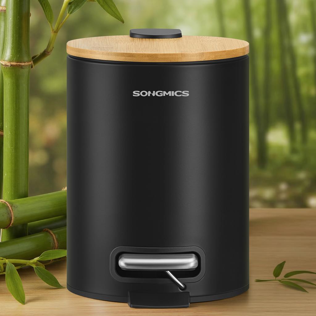 SONGMICS Small Waste Bin, Rubbish Bin with Bamboo Lid, Metal Pedal, Removable Inner Bucket, Soft Close, for Bathroom, 0.8 Gallons (3 L), Ink Black