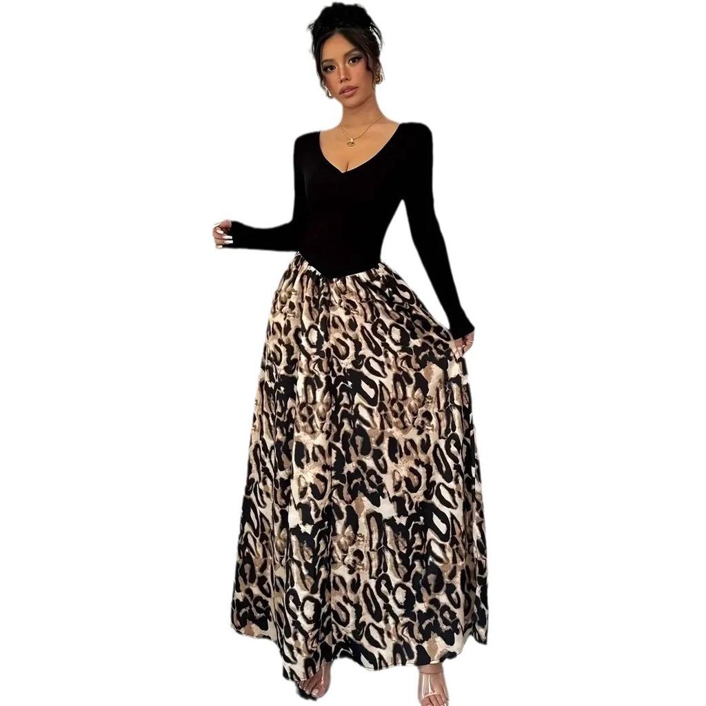 Spring Women Vintage Sexy High Waist Slim Clashing Elegant Leopard Print V-Neck Dresses