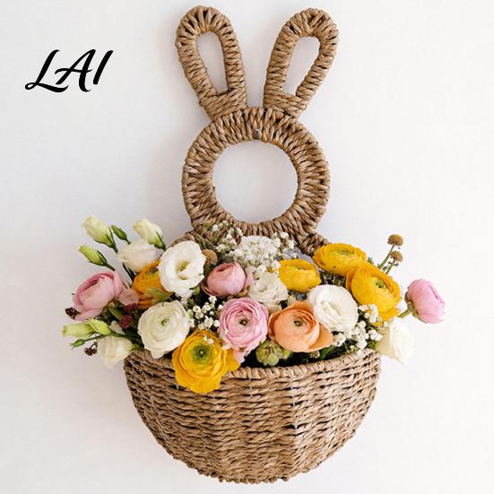 Rustic Rabbit Wall Decor Easter Bunny Woven Basket Handmade Hanging Basket Cute Animal Shaped for Dried or Faux Flowers Plants Farmhouse Home