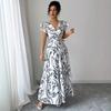 Весна и лето новая сексуальная облегающая тонкая длинная юбка-платье с принтом и V-образным вырезом с отделкой в виде края листа лотоса
