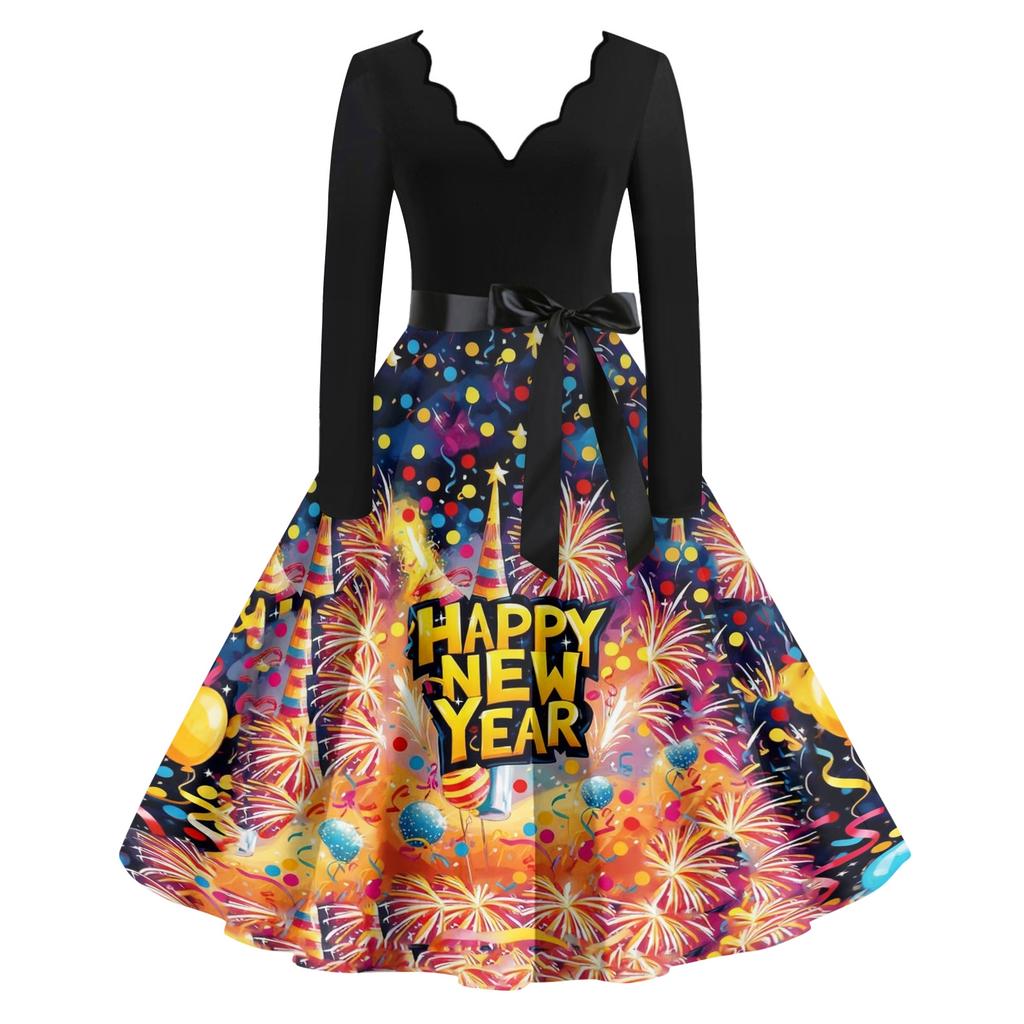 Женское повседневное модное платье винтажного стиля с V-образным вырезом и новогодним принтом