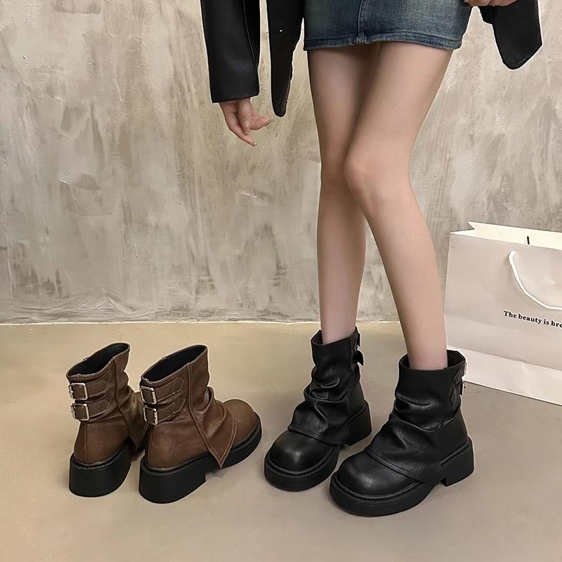 Ботильоны женские на платформе, средний каблук, зимняя женская кожаная обувь 2025 года, тренд, новинка, массивные, модные, теплые, удобные, зимние ботинки Mujer