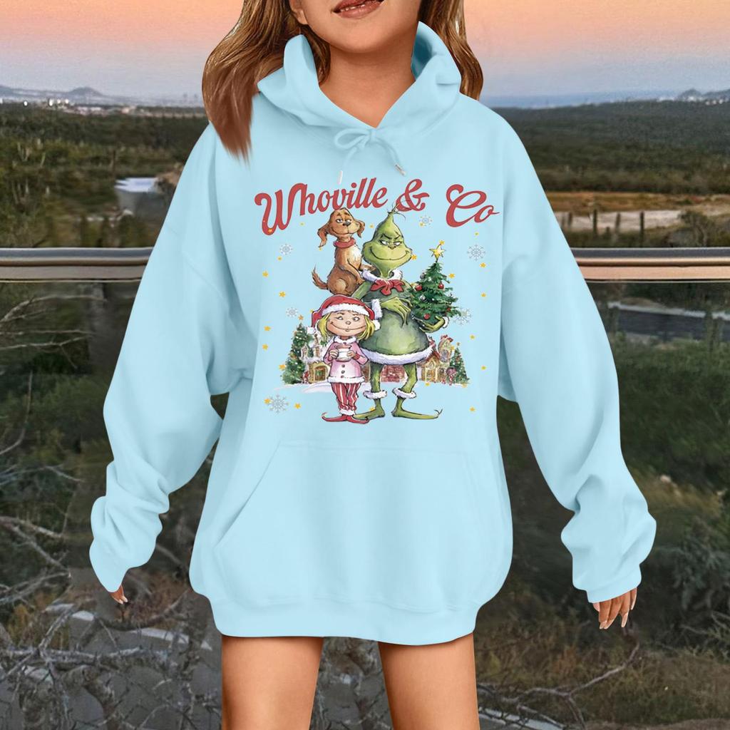 Детская модная повседневная толстовка с капюшоном свободного кроя с длинными рукавами и рождественским принтом