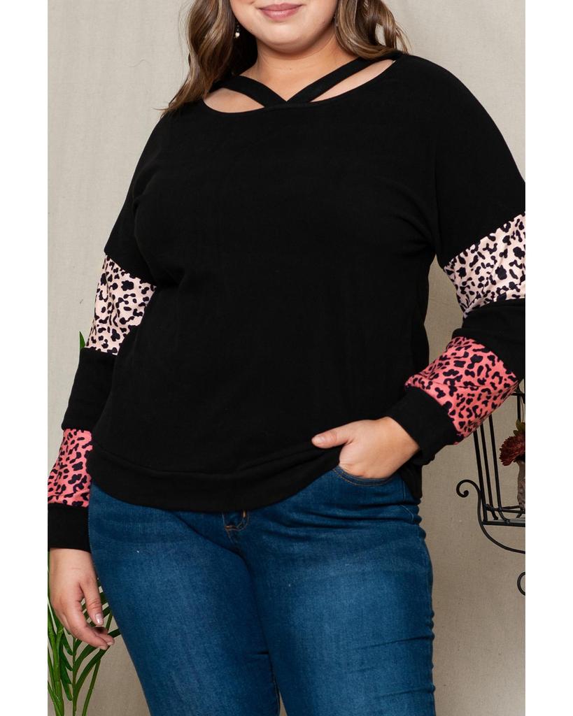 Azura Exchange Black Plus Size Leopard Patchwork Strappy Neck Top