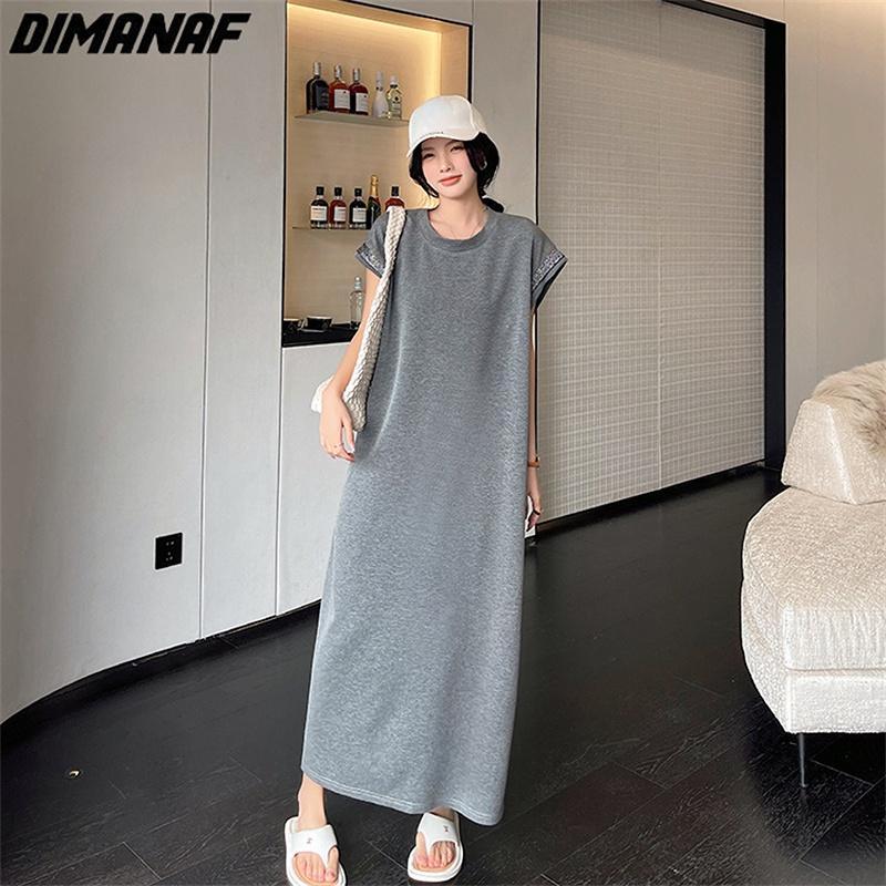 Dimanaf Женское платье больших размеров 2023, новое летнее однотонное платье, длинное платье-футболка, свободные модные базовые платья макси большого размера