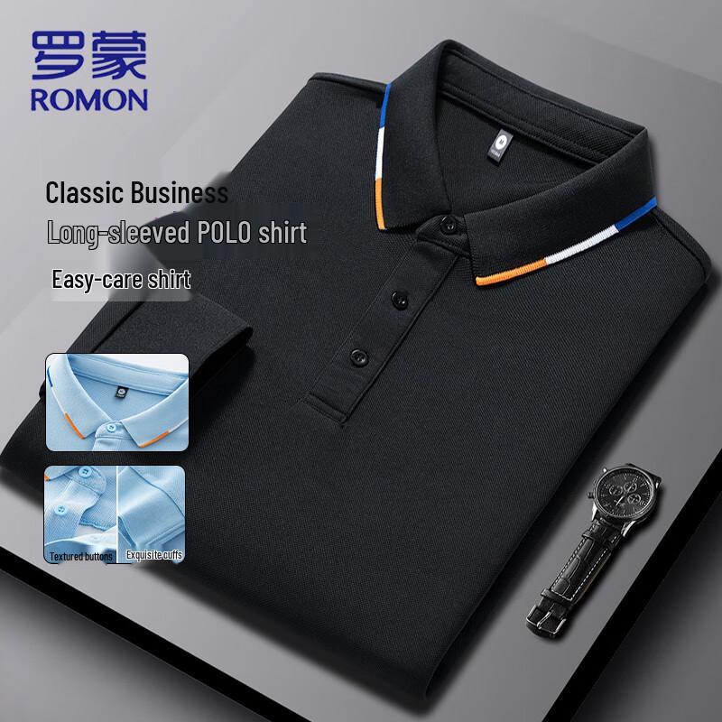 ROMON Мужская классическая рубашка-поло с длинным рукавом в стиле business casual