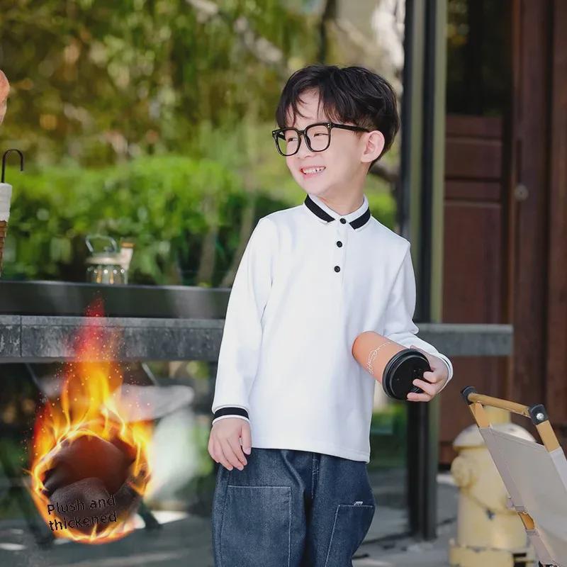 Boys' Long-Sleeve Velvet Polo Shirt - White School Uniform for Older Children In Winter