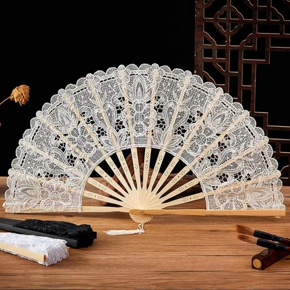 Hollow Ribs Vintage Lace Hand Fan Tassel Pendant Dance Handheld Fan Home Decor