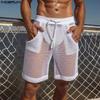 INCERUN Men Drawstring Elastic Waist Mesh Sheer Hollow Beach Holiday Mini Pants Shorts