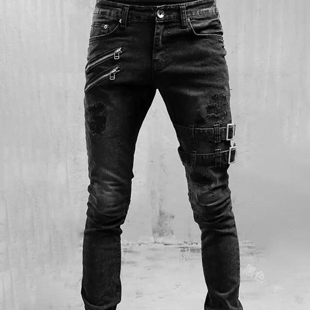 Men Jeans Solid Color Ripped Holes Frayed Gradient Washed Trousers