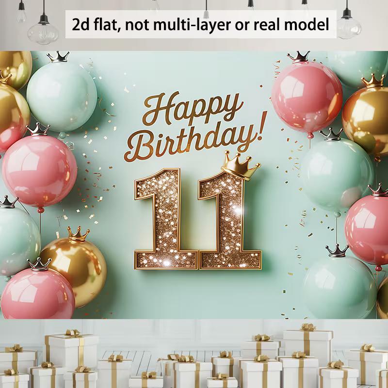 2D Happy 11th Birthday Backdrop Mint Green Pink Gold Balloon Party Background